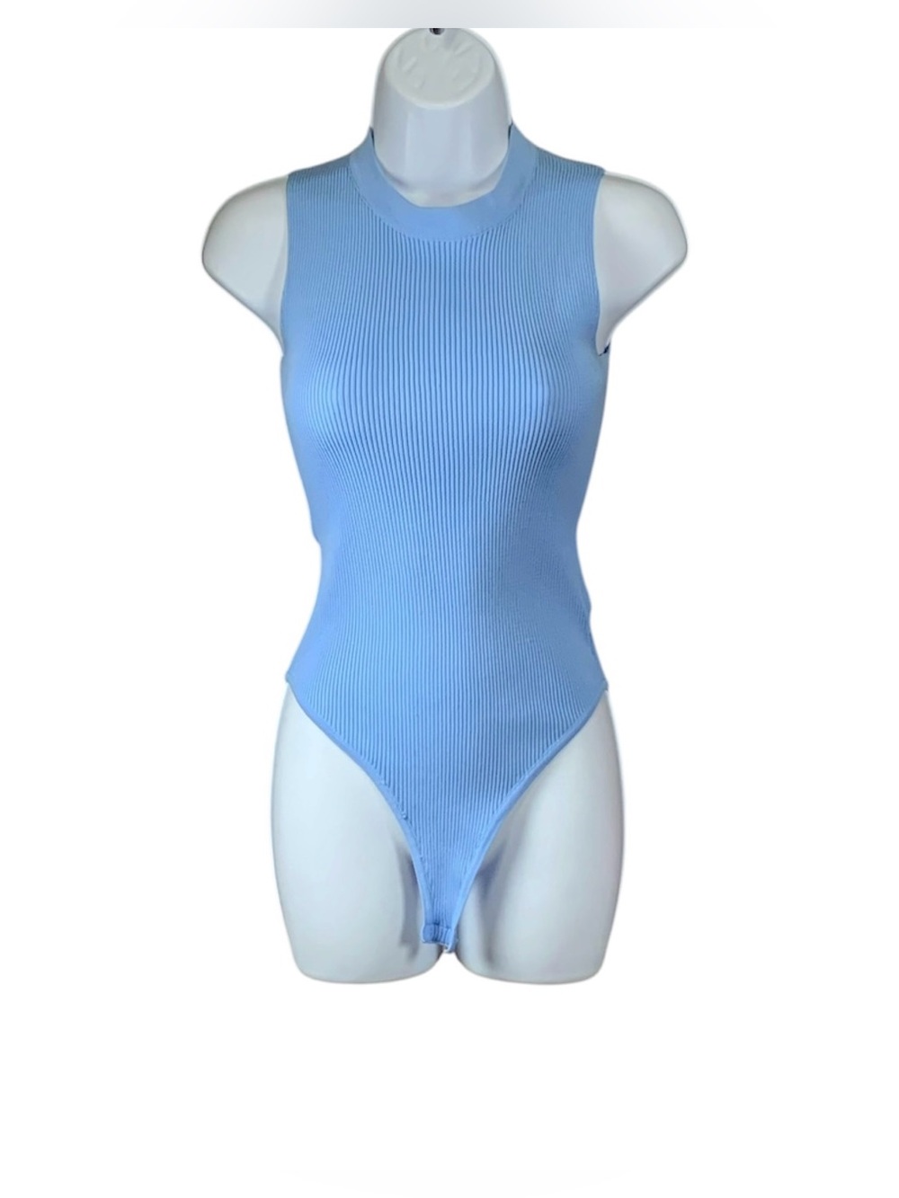 Happily Grey Light Blue Ribbed High-Neck Bodysuit